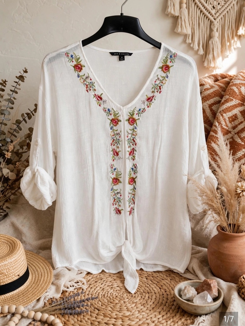 Zac & Rachel White V‑Neck Embroidered Tie‑Front Tunic - Picture 8 of 8